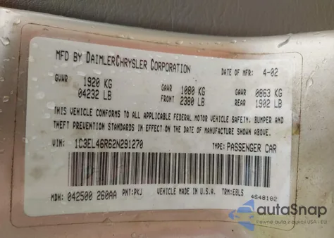 2002 Chrysler Sebring Lx/Lx Plus from USA, damaged, VIN 1C3EL46R62N291270